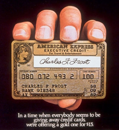 Реклама EXECUTIVE CREDIT в 1968 году GOLD American Express